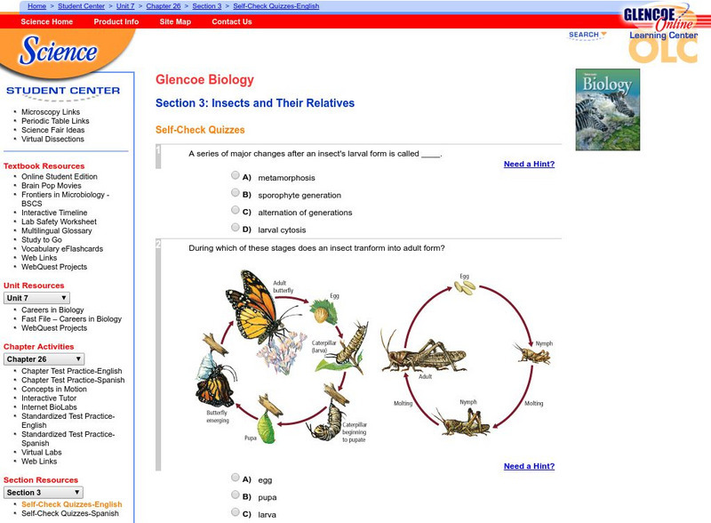 Glencoe Biology: Insects and Their Relatives: Self Check Quiz Unknown Type Glencoe Biology: Insects and Their Relatives: Self Check Quiz Unknown Type