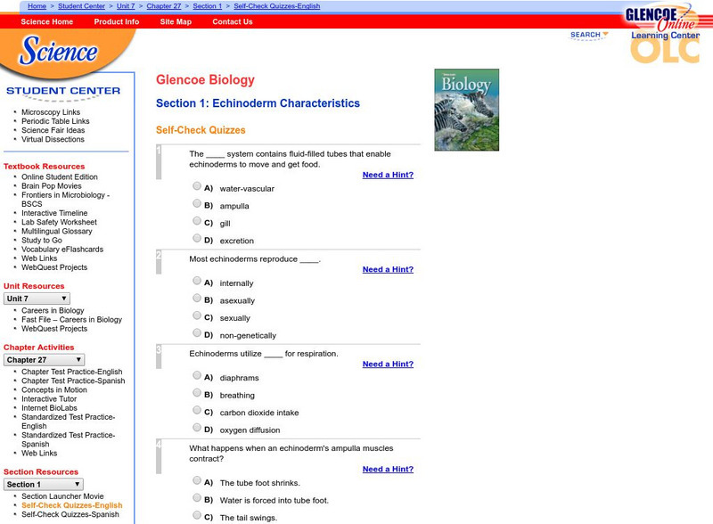 Glencoe Biology: Echinoderm Characteristics: Self Check Quiz Unknown Type