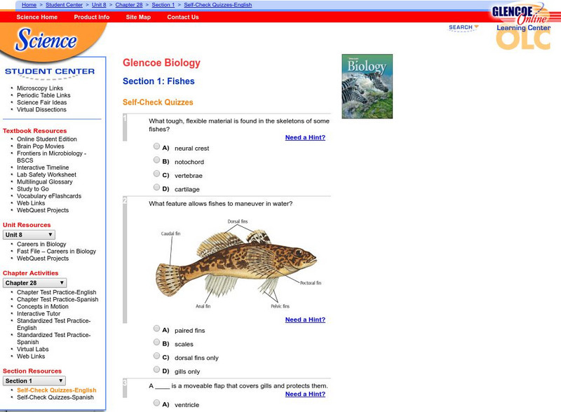 Glencoe Biology: Fishes: Self Check Quiz Unknown Type