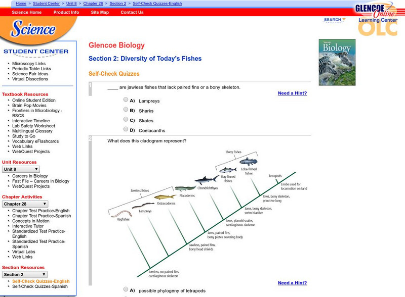Glencoe Biology: Diversity of Today's Fishes: Self Check Quiz Unknown Type