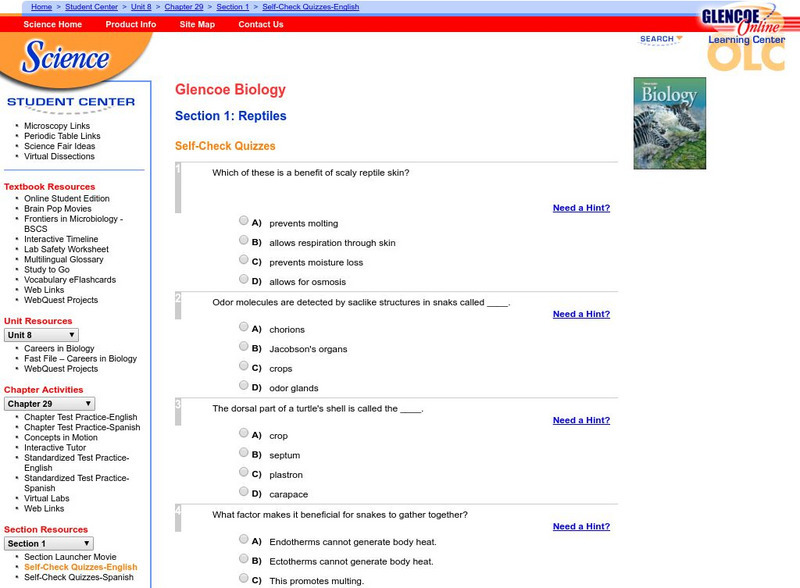 Glencoe Biology: Reptiles: Self Check Quiz Unknown Type