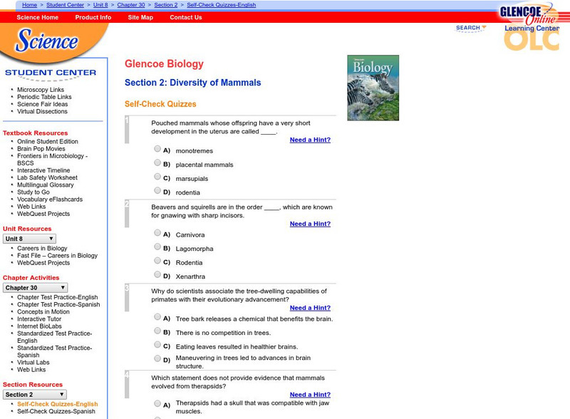 Glencoe Biology: Diversity of Mammals: Self Check Quiz Unknown Type Glencoe Biology: Diversity of Mammals: Self Check Quiz Unknown Type