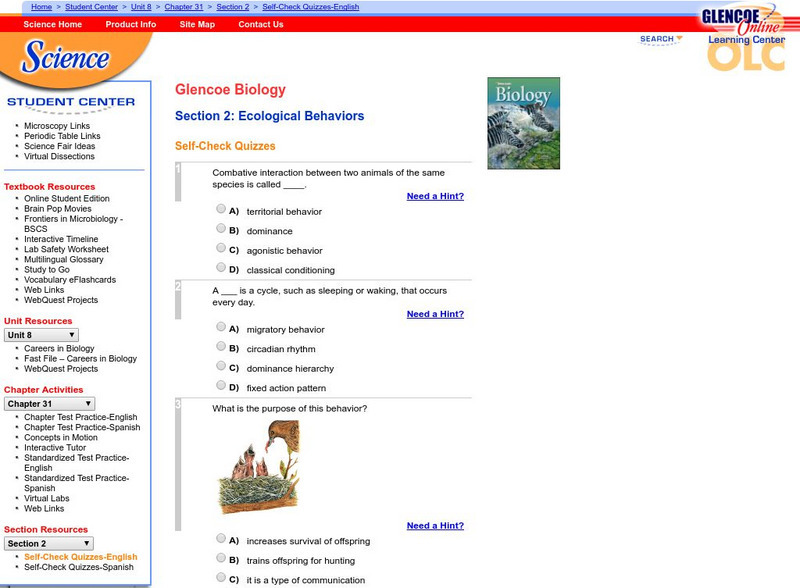 Glencoe Biology: Ecological Behaviors: Self Check Quiz Unknown Type Glencoe Biology: Ecological Behaviors: Self Check Quiz Unknown Type