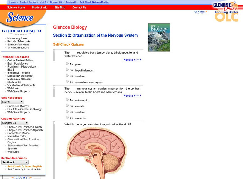 Glencoe Biology: Organization of the Nervous System: Self Check Quiz Unknown Type Glencoe Biology: Organization of the Nervous System: Self Check Quiz Unknown Type
