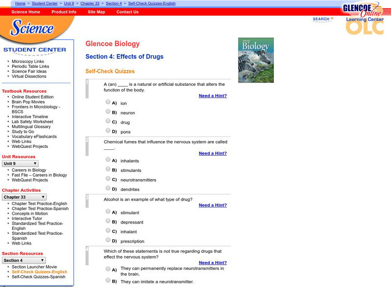 Glencoe Biology: Effects of Drugs: Self Check Quiz Unknown Type Glencoe Biology: Effects of Drugs: Self Check Quiz Unknown Type