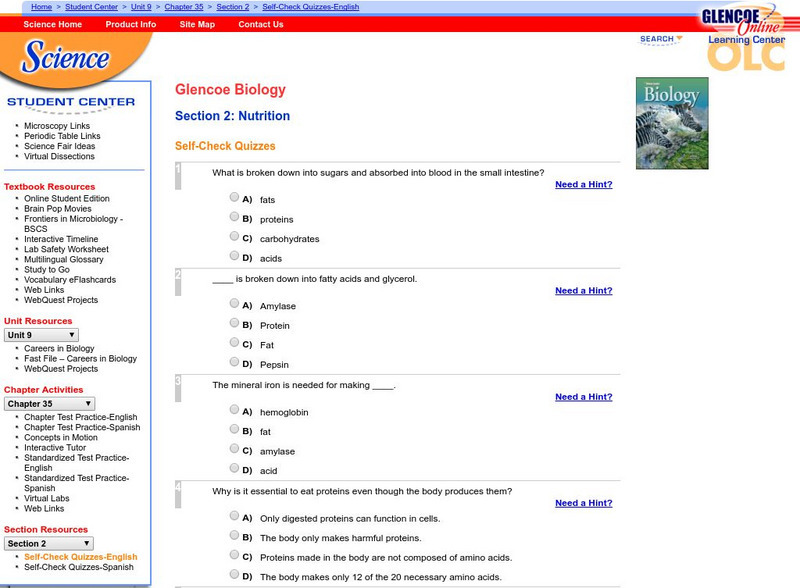 Glencoe Biology: Nutrition: Self Check Quiz Unknown Type