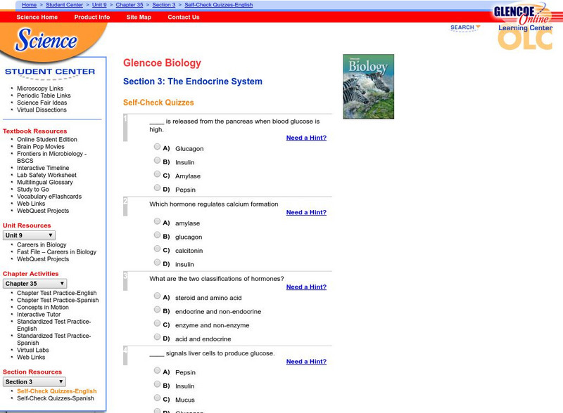 Glencoe Biology: The Endocrine System: Self Check Quiz Unknown Type Glencoe Biology: The Endocrine System: Self Check Quiz Unknown Type