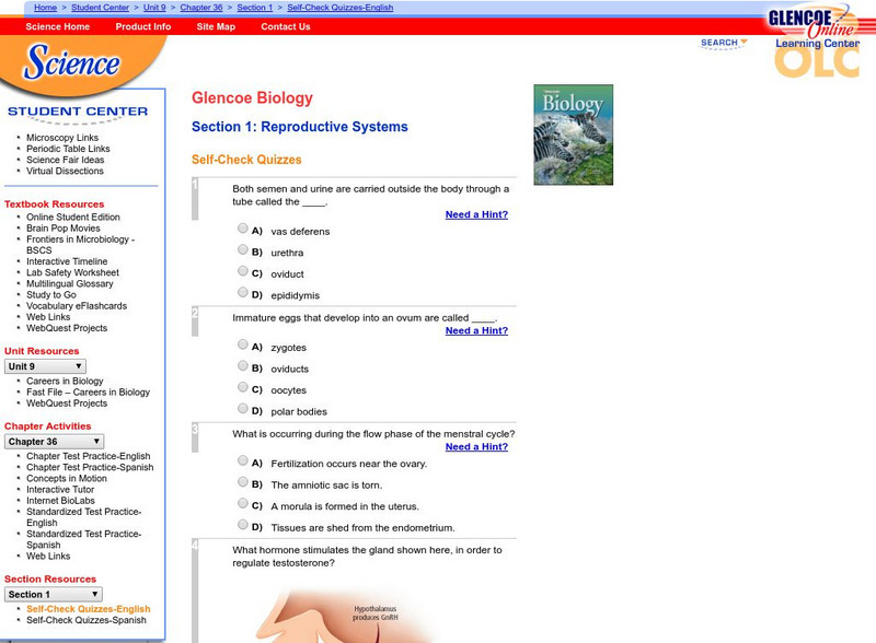 Glencoe Biology: Reproductive Systems: Self Check Quiz Unknown Type Glencoe Biology: Reproductive Systems: Self Check Quiz Unknown Type