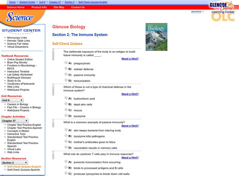 Glencoe Biology: The Immune System: Self Check Quiz Unknown Type