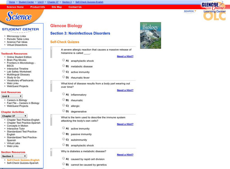 Glencoe Biology: Noninfectious Disorders: Self Check Quiz Unknown Type Glencoe Biology: Noninfectious Disorders: Self Check Quiz Unknown Type