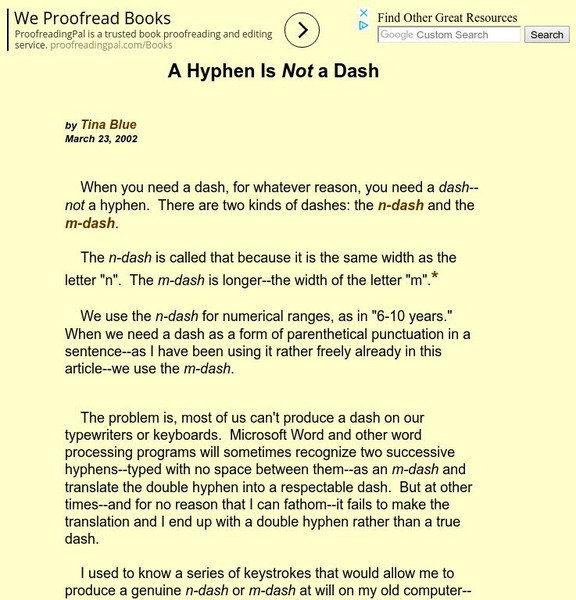 Grammar Tips: A Hyphen Is Not a Dash Handout Grammar Tips: A Hyphen Is Not a Dash Handout