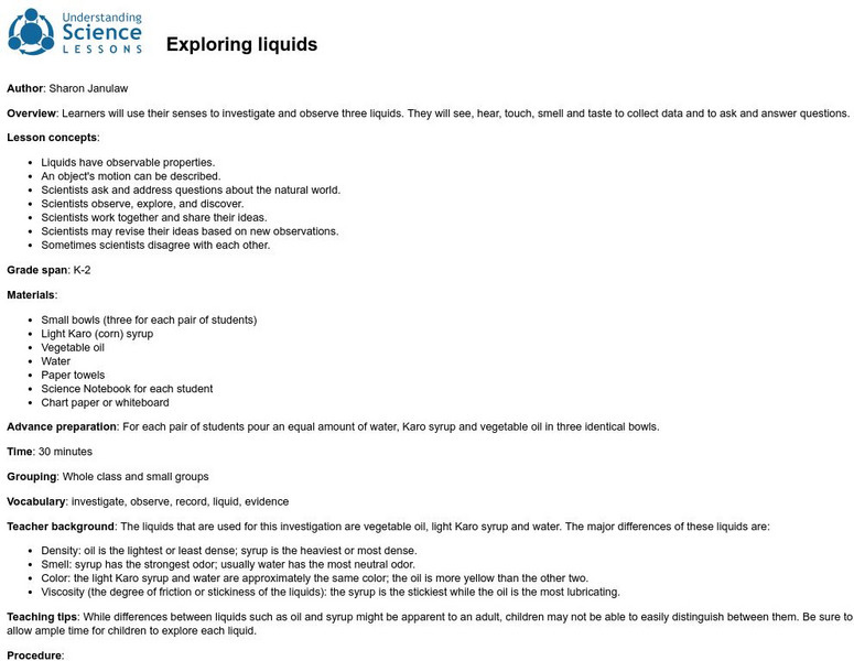 University of California Museum of Paleontology: Understanding Science: Liquids Lesson Plan