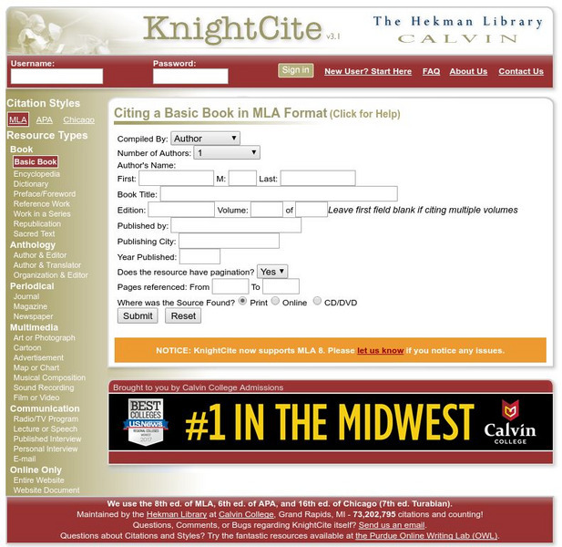Calvin College: Knight Cite Handout Calvin College: Knight Cite Handout