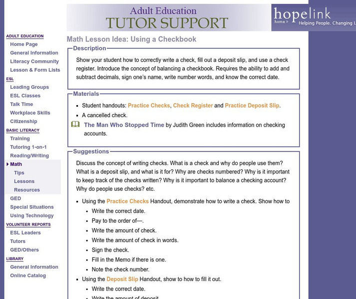 Hopelink: Using Your Checkbook: Eastside Literacy Program Lesson Plan Hopelink: Using Your Checkbook: Eastside Literacy Program Lesson Plan
