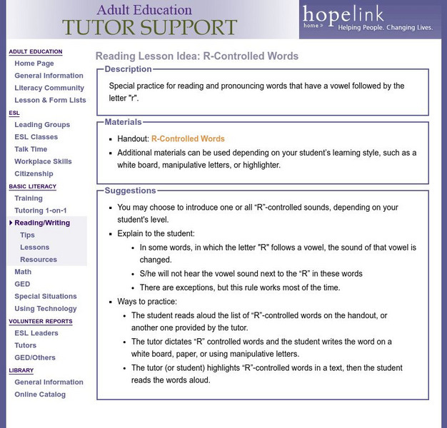 Hopelink: Reading Lesson Idea: R Controlled Words Lesson Plan Hopelink: Reading Lesson Idea: R Controlled Words Lesson Plan