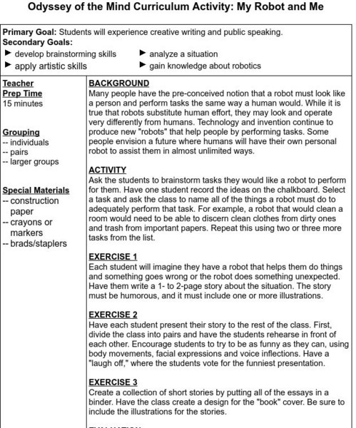 Odyssey of the Mind Curriculum Activity: My Robot and Me Lesson Plan Odyssey of the Mind Curriculum Activity: My Robot and Me Lesson Plan