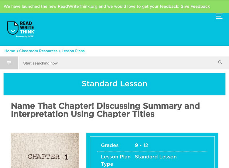 Read Write Think: Name That Chapter! Discussing Summary and Interpretation Lesson Plan Read Write Think: Name That Chapter! Discussing Summary and Interpretation Lesson Plan