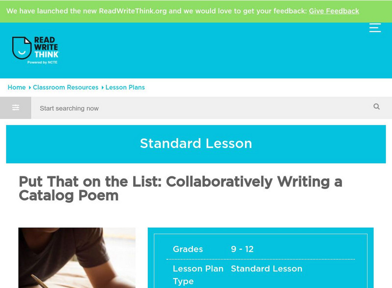 Read Write Think: Put That on the List: Collaboratively Writing a Catalog Poem Lesson Plan Read Write Think: Put That on the List: Collaboratively Writing a Catalog Poem Lesson Plan
