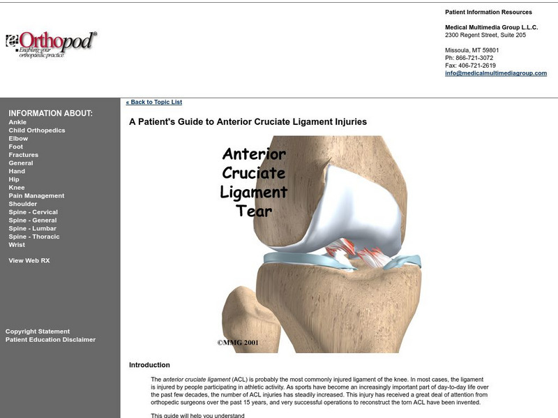 Mmg:patient's Guide, Anterior Cruciate Ligament Injuries Handout Mmg:patient's Guide, Anterior Cruciate Ligament Injuries Handout