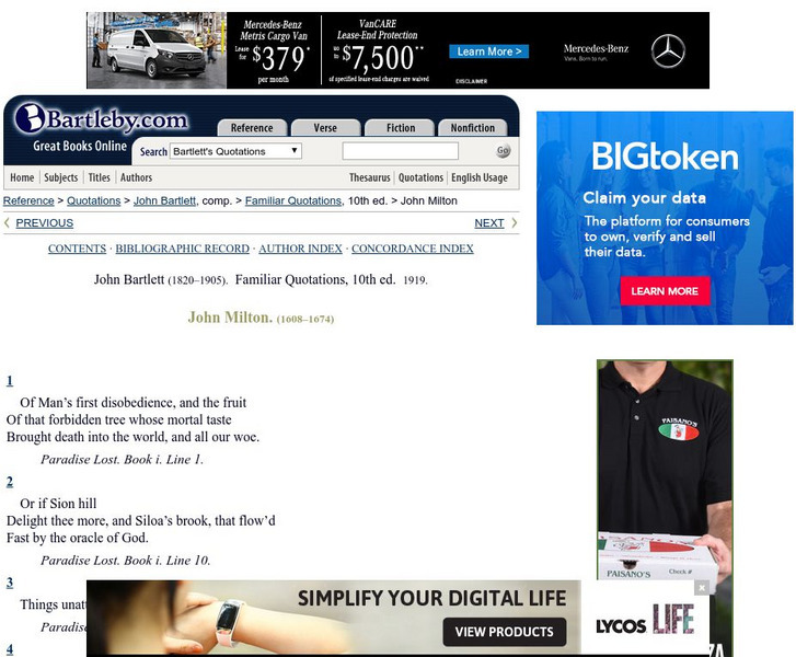 Bartleby.com: Selected Quotes of John Milton Handout Bartleby.com: Selected Quotes of John Milton Handout