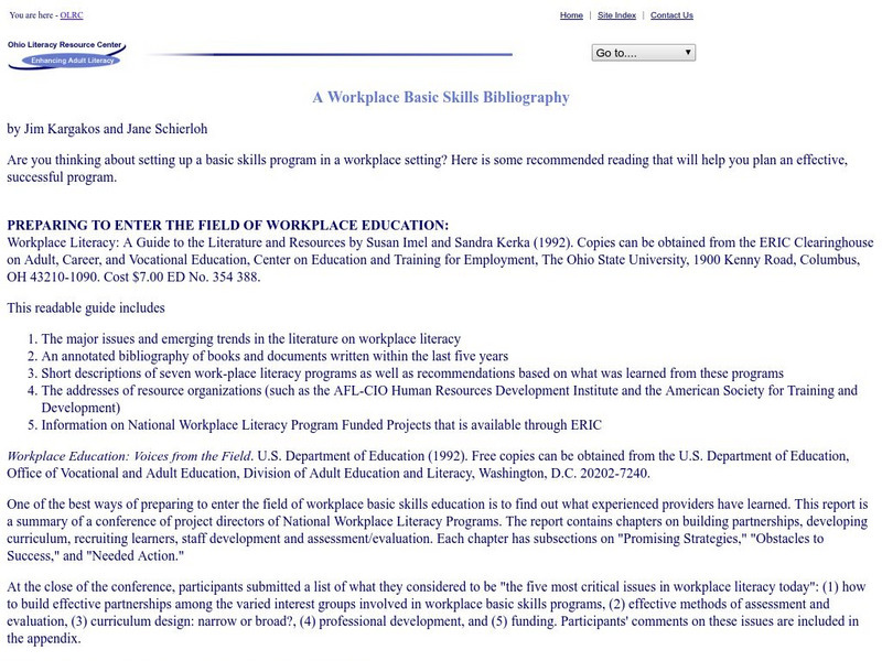 Olrc Publications: A Workplace Basic Skills Bibliography Article Olrc Publications: A Workplace Basic Skills Bibliography Article