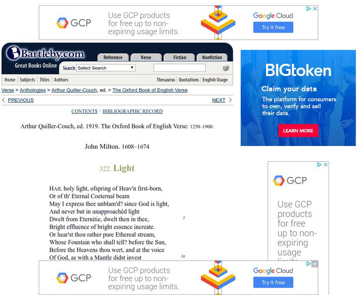 Bartleby.com: Light. John Milton. The Oxford Book of English Verse eBook Bartleby.com: Light. John Milton. The Oxford Book of English Verse eBook