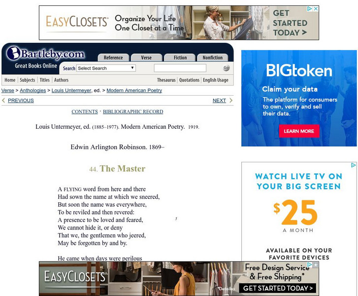 Bartleby.com: Modern American Poetry: "The Master," by Edwin Arlington Robinson Primary Bartleby.com: Modern American Poetry: "The Master," by Edwin Arlington Robinson Primary