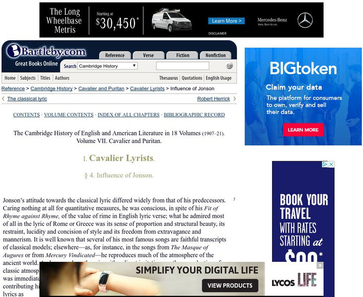 Bartleby.com: Cavalier Lyrists Influence of Jonson Handout Bartleby.com: Cavalier Lyrists Influence of Jonson Handout