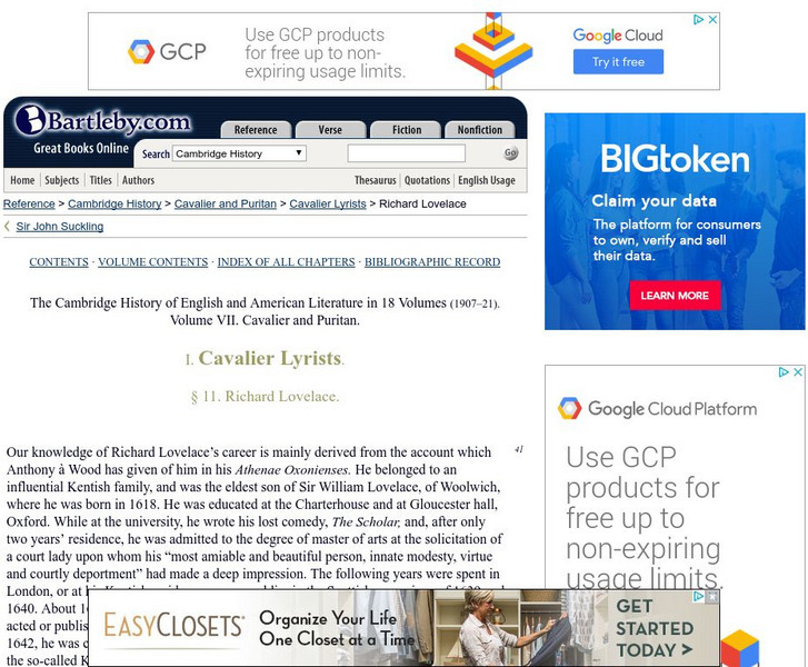 Bartleby.com: Cavalier Lyrists: Richard Lovelace Handout