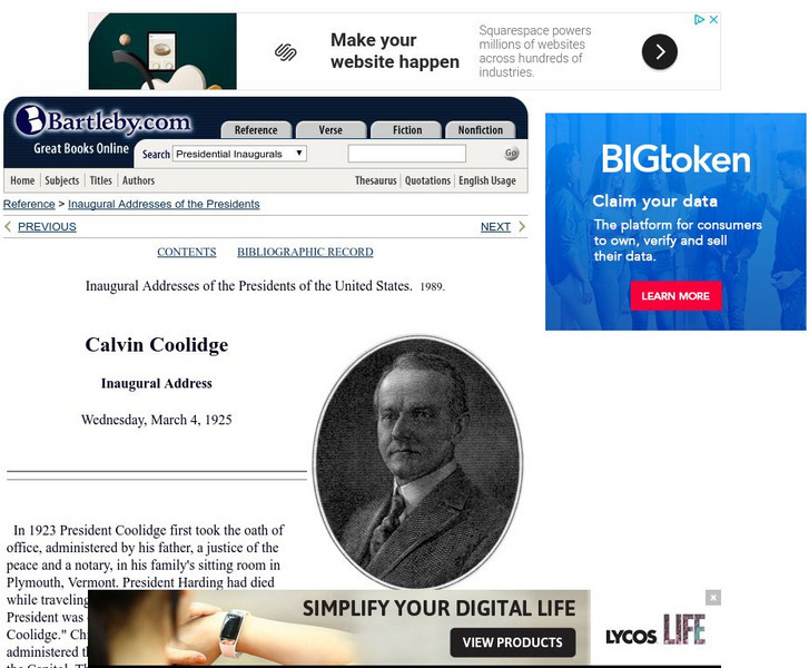Bartleby.com: bartleby.com: Presidential Inaugural Address: Calvin Coolidge Primary Bartleby.com: bartleby.com: Presidential Inaugural Address: Calvin Coolidge Primary