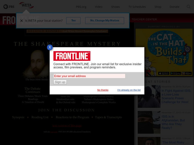 Pbs Frontline: The Shakespeare Mystery Website Pbs Frontline: The Shakespeare Mystery Website