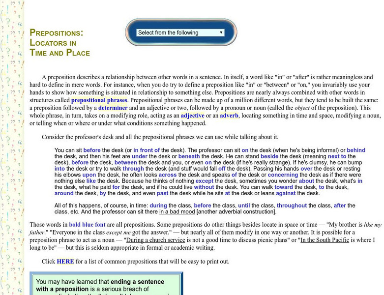 Guide to Grammar and Writing: Prepositions Locators in Time and Place Handout Guide to Grammar and Writing: Prepositions Locators in Time and Place Handout