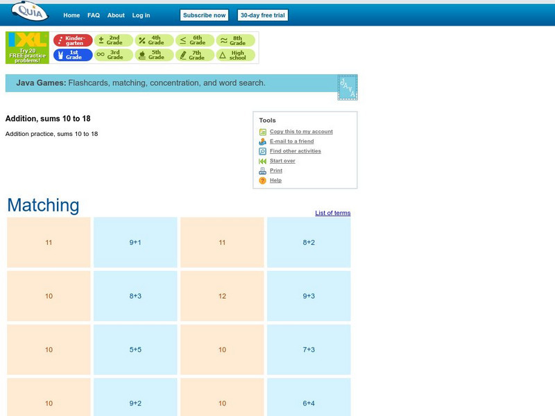 Quia: Addition Matching Sums 10 to 18 Activity Quia: Addition Matching Sums 10 to 18 Activity