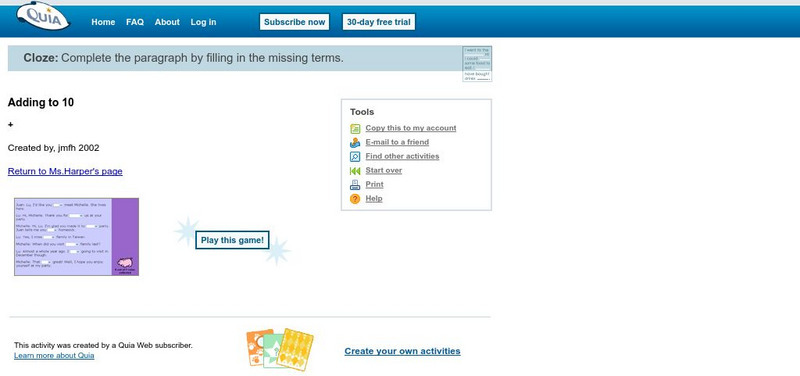 Quia: Adding to 10 Activity Quia: Adding to 10 Activity