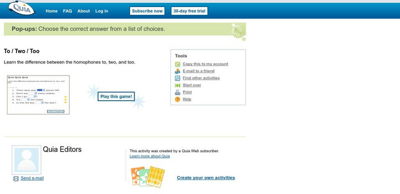 Quia: Homonyms Homophone To, Too, Two eBook Quia: Homonyms Homophone To, Too, Two eBook