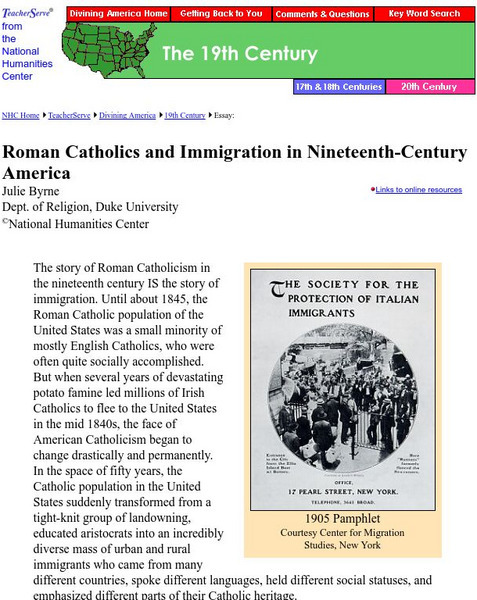 National Humanities Center: Teacher Serve: 19th Century: Roman Catholics & Immigration in 19th Century America Article National Humanities Center: Teacher Serve: 19th Century: Roman Catholics & Immigration in 19th Century America Article