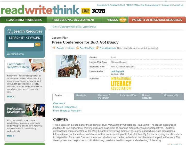 Read Write Think: Press Conference for Bud, Not Buddy Lesson Plan