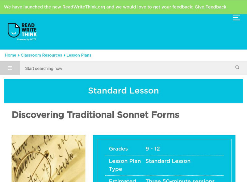 Read Write Think: Discovering Traditional Sonnet Forms Lesson Plan Read Write Think: Discovering Traditional Sonnet Forms Lesson Plan