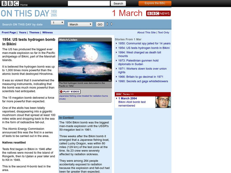 Bbc: 1954: Us Tests Hydrogen Bomb in Bikini Handout Bbc: 1954: Us Tests Hydrogen Bomb in Bikini Handout