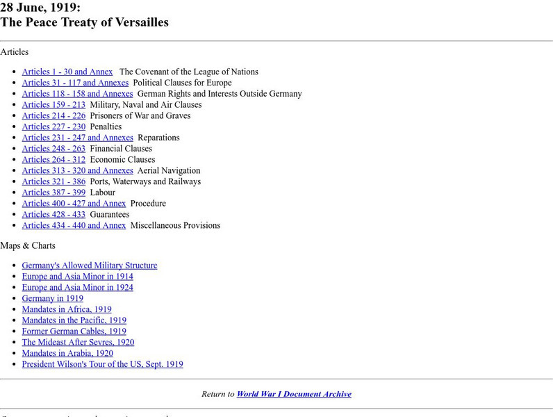 Byu: Wwi Document Archive: The Peace Treaty of Versailles: Articles 1 30 Primary Byu: Wwi Document Archive: The Peace Treaty of Versailles: Articles 1 30 Primary