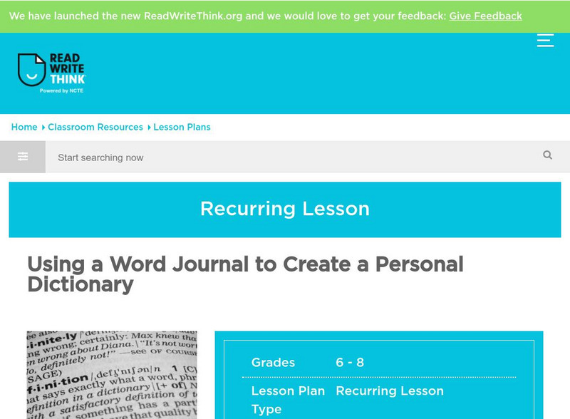 Read Write Think: Using a Word Journal to Create a Dictionary Lesson Plan
