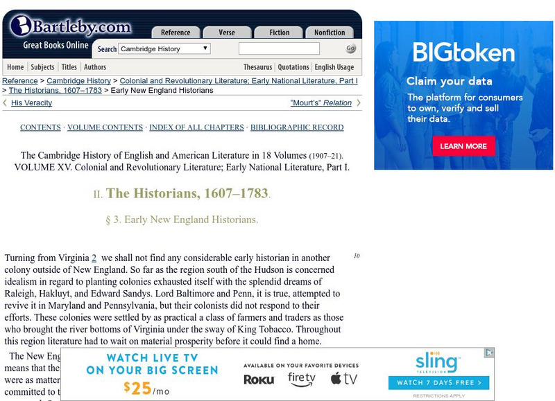 Bartleby.com: Cambridge History of Eng and Am Lit: Early New England Historians Handout Bartleby.com: Cambridge History of Eng and Am Lit: Early New England Historians Handout