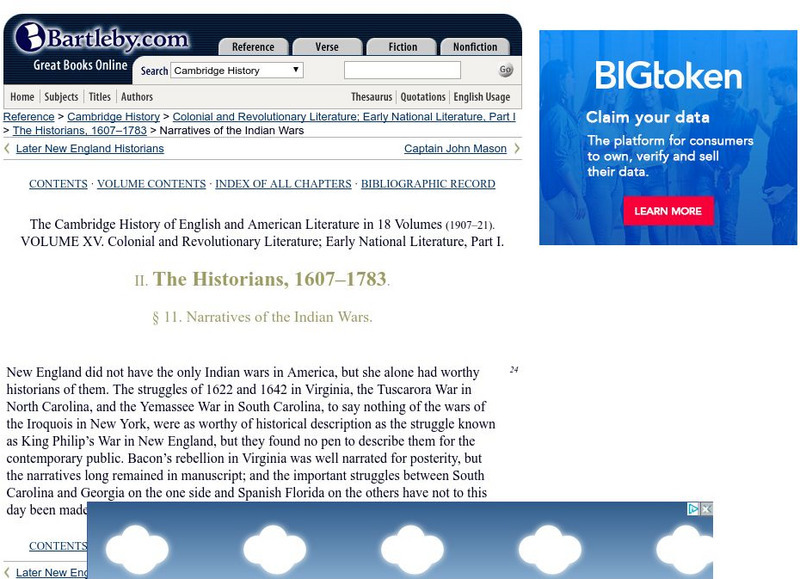 Bartleby.com: Cambridge History of Eng and Am Lit: Narratives of the Indian Wars Handout Bartleby.com: Cambridge History of Eng and Am Lit: Narratives of the Indian Wars Handout