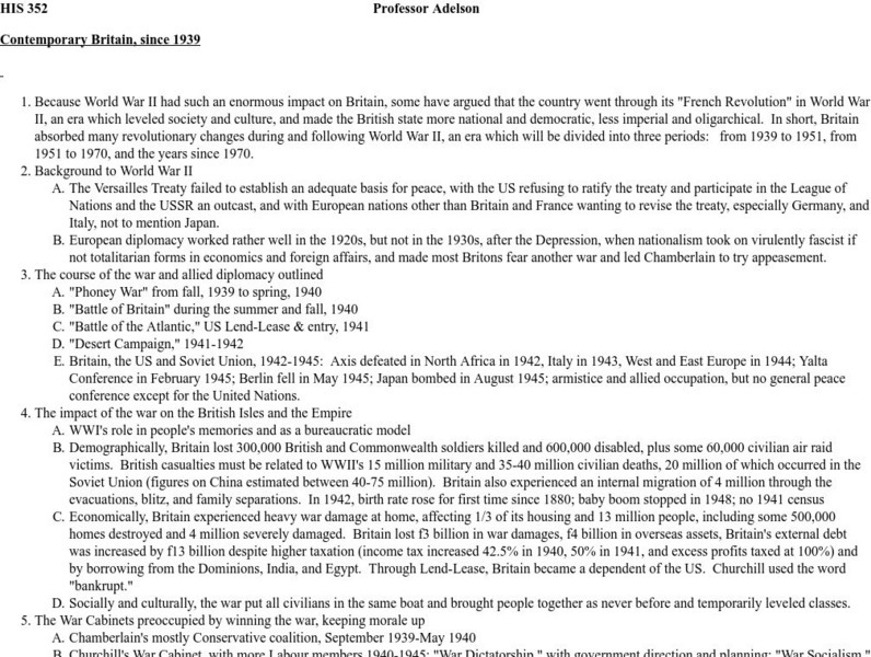 Arizona State University: Contemporary Britain (1939 1980) Handout Arizona State University: Contemporary Britain (1939 1980) Handout