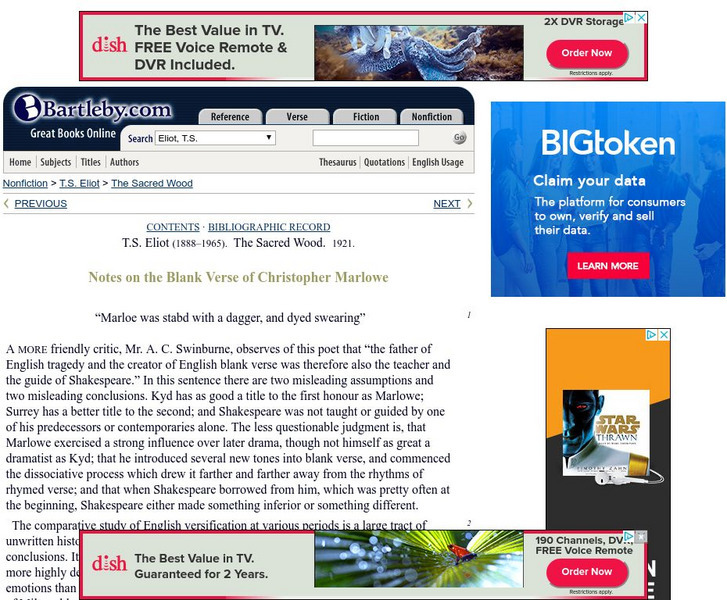 Bartleby.com: T. S. Eliot: Notes on the Blank Verse of Marlowe Handout Bartleby.com: T. S. Eliot: Notes on the Blank Verse of Marlowe Handout