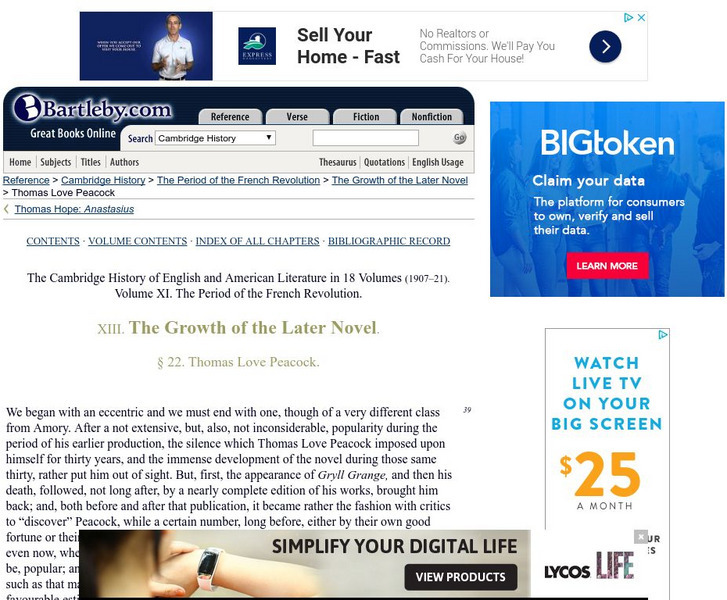 Bartleby.com: Thomas Love Peacock: The Growth of the Novel Handout Bartleby.com: Thomas Love Peacock: The Growth of the Novel Handout