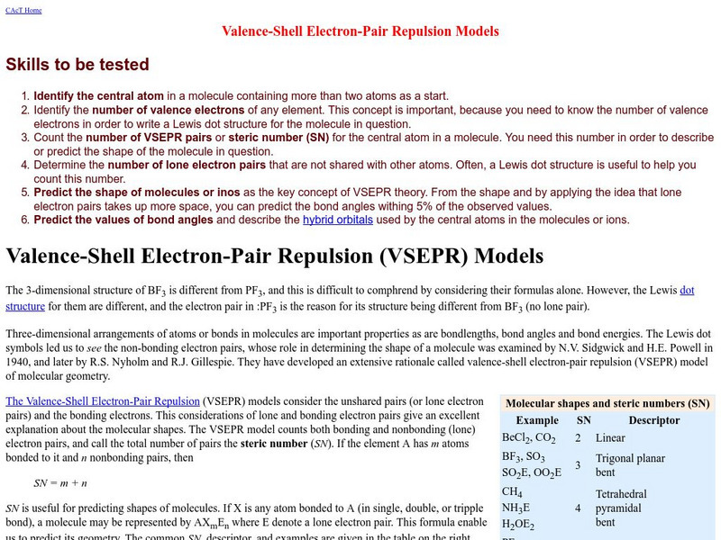 University of Waterloo: Vsepr Models Unit Plan University of Waterloo: Vsepr Models Unit Plan