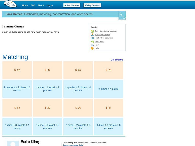 Quia: Counting Change Matching Game Interactive