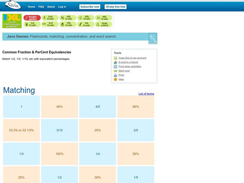 Quia: Common Fraction & Equivalent Percents Matching Interactive Quia: Common Fraction & Equivalent Percents Matching Interactive