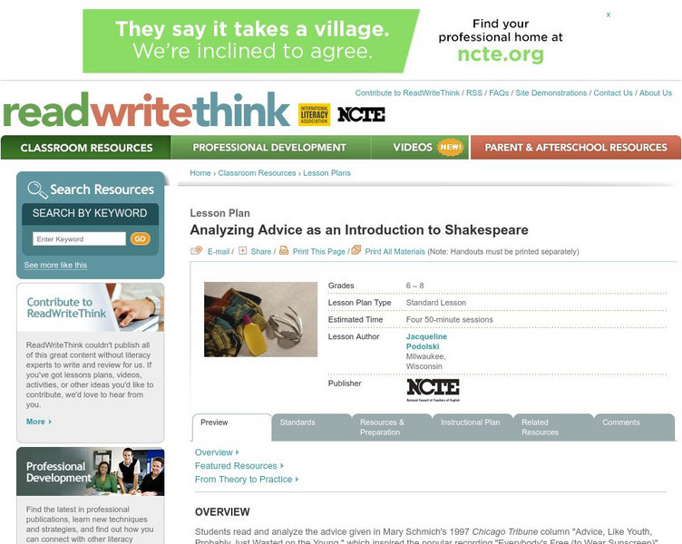Read Write Think: Analyzing Advice as an Introduction to Shakespeare Lesson Plan Read Write Think: Analyzing Advice as an Introduction to Shakespeare Lesson Plan